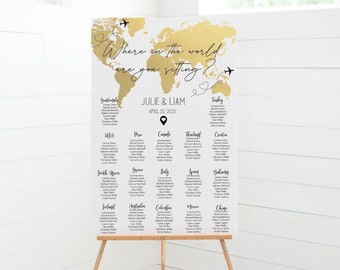 Destination Wedding Seating Chart Sign, Gold World Map Seating Chart Template, Travel Themed Wedding, Table Seating Chart, TT1