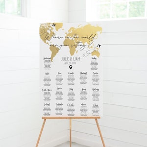 Bestimmungsort Hochzeit Sitzplan Zeichen, Gold Weltkarte Sitzplan Vorlage, Hochzeit zum Thema Reise, Tisch Sitzplan, TT1