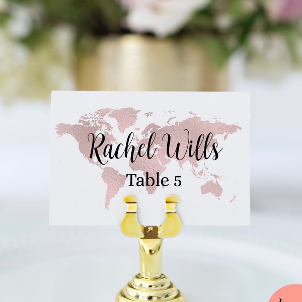 Flat Place Cards with Meal Choice Icons, World Map Name Cards, Travel Theme Wedding Place Cards, Bridal Shower Place Cards, TT1