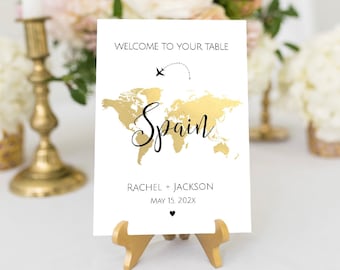 Editable Travel Theme Table Names Template, Gold World Map Table Numbers, Travel Theme Wedding, Travel Theme Baby Shower, Table Numbers, TT1