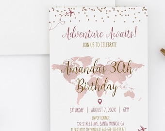 Rose Gold World Map Birthday Invitation, Personalized Birthday Party Invite, Adventure Birthday Invitation, Travel Theme Invitation, TT1