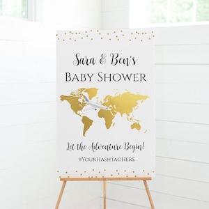 Baby Shower Welcome Sign with a Gold World Map Background, Travel Theme Baby Shower Welcome Sign Template, Airplane Theme Baby Shower, TT1