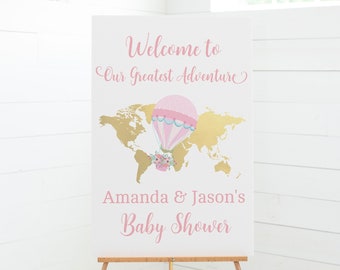 Pink Hot Air Balloon Welcome Sign with a World Map Background, Up in the Air Theme Baby Shower, Editable Baby Shower Sign, HA1