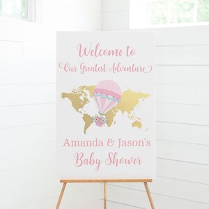 Pink Hot Air Balloon Welcome Sign with a World Map Background, Up in the Air Theme Baby Shower, Editable Baby Shower Sign, HA1
