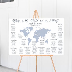 Modèle de plan de table pour mariage, carte du monde couleur modifiable, où êtes-vous assis dans le monde ?, mariage sur le thème du voyage, plan de salle, TT1