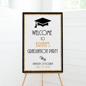 Printable Graduation Welcome Sign, Congrats&#39;s Grad Sign, Graduation Decorations, Personalized Black and Gold Graduation Sign, GG1