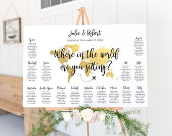 DIY Seating Chart Template, Where in the world are you sitting?, Gold World Map Seating Chart, Travel Theme Wedding Seating Chart, TT1