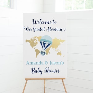 Blue Hot Air Balloon Baby Shower Welcome Sign with a World Map Background, Editable Baby Shower Sign, Up in the Air Theme Baby Shower, HA1