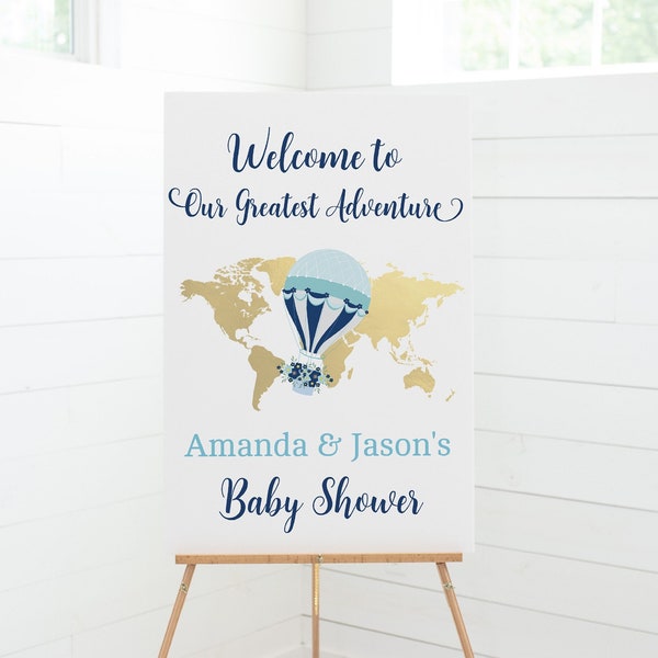 Blue Hot Air Balloon Baby Shower Welcome Sign with a World Map Background, Editable Baby Shower Sign, Up in the Air Theme Baby Shower, HA1