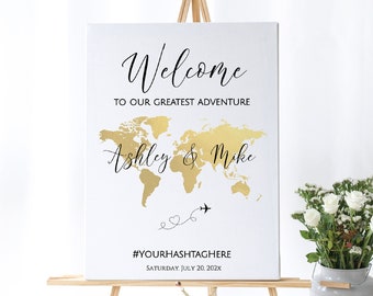 Gold World Map Wedding Welcome Sign, Travel Theme Welcome Sign Template, Wedding Welcome Sign Template, Editable Welcome Sign, TT1