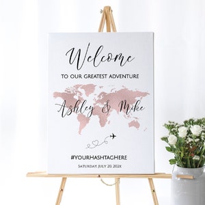 Rose Gold Map Willkommensschild, Reise-Thema Willkommensschild Vorlage, druckbare Hochzeit Willkommensschild Vorlage, bearbeitbares Willkommensschild, TT1