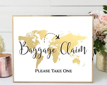 Gold World Map Baggage Claim Sign for Travel Theme Favors & Party Decor | Travel Theme Bridal Shower | Printable Templates, TT1