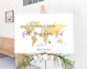 Custom World Map Sign, Printable World Map Welcome Sign, Editable Travel Theme Wedding Template, Adventure Awaits Sign, Birthday Sign, TT1