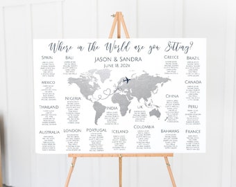 シルバーの世界地図を使った結婚式の席次表テンプレート（デジタルダウンロード）