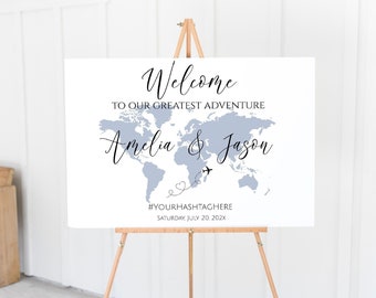 Printable Welcome Sign with Editable Map Color, Travel Theme Wedding Template, World Map Sign,  Adventure Awaits, Printable Template, TT1