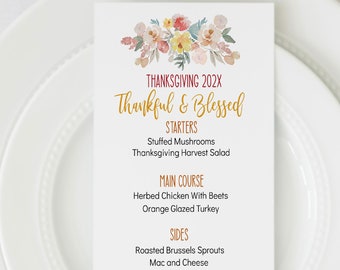 Printable Thanksgiving Dinner Menu: Editable Floral Design (4x8 inches)