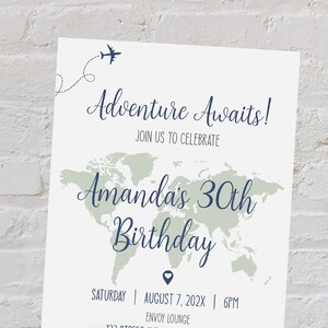 Birthday Invitation with a World Map Background, select the map color of your choice, Personalized Invitation, Travel Theme,  TT1