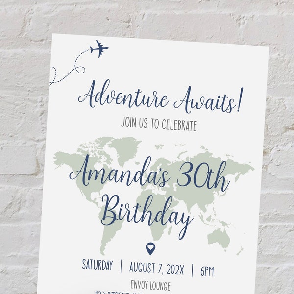 Birthday Invitation with a World Map Background, select the map color of your choice, Personalized Invitation, Travel Theme,  TT1