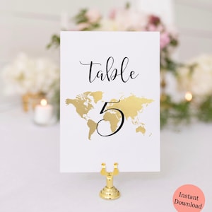 Reise-Thema Tischnummern, Weltkarte Tischnummern, Reise-Thema Brautparty, Gold Karte Hochzeit Tischnummern, TT1