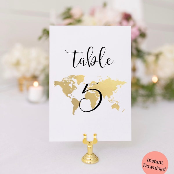 Travel Theme Table Numbers, World Map Table Numbers, Travel Theme Bridal Shower, Gold Map Wedding Table Numbers, TT1