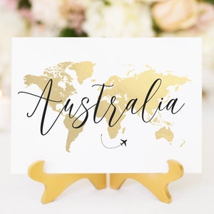 Goldene Weltkarte, Tischnamen Vorlage, Reise Thema Tischnummern, Reise Thema Hochzeit, TT1