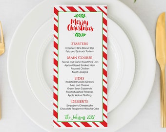 Edytowalny szablon menu świątecznego: wzór laski cukrowej (do pobrania cyfrowego)
