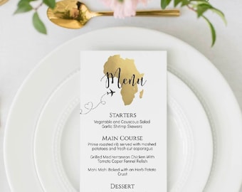 Africa Map Menu, Editable Menu Template, Gold Africa Continent Menu, African Wedding Menu, Africa Travel Theme Wedding, TT1, AT1