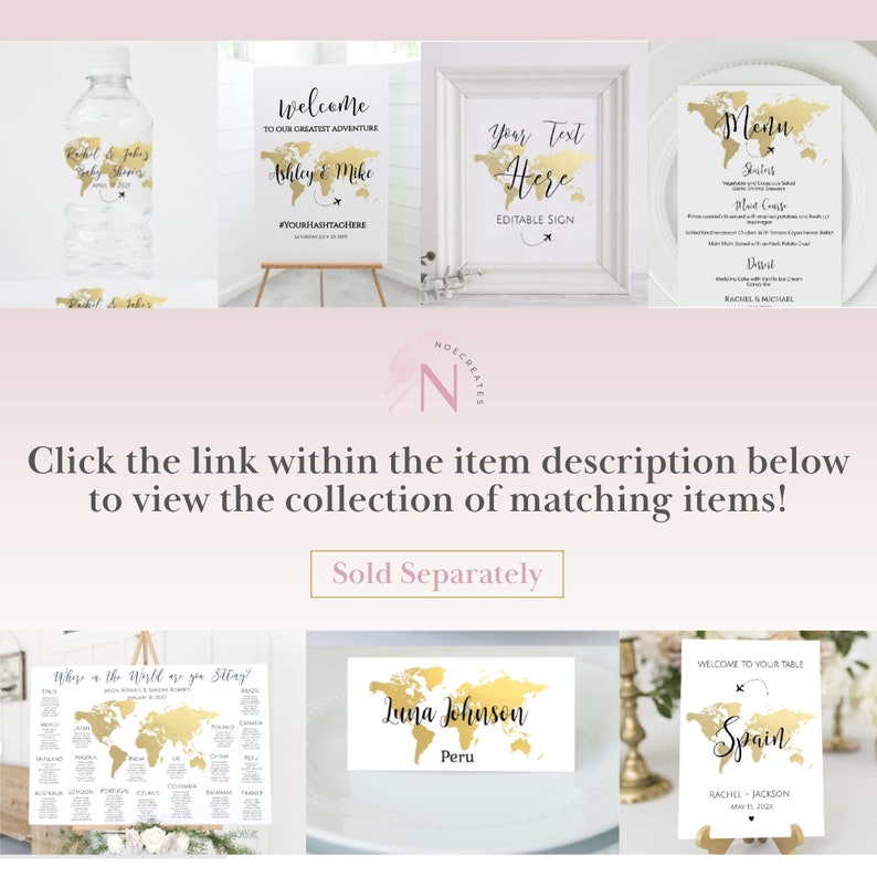 K&ouml;nnte beinhalten: Ein Set druckbarer Hochzeitspapeterie mit einem Weltkarten-Design aus Goldfolie. Das Set beinhaltet ein Willkommens-Schild, eine Speisekarte, ein Tischschild und einen Sitzplan. Der Text auf dem Willkommens-Schild lautet "Willkommen zu unserem gr&ouml;&szlig;ten Abenteuer Ashley & Mike #yourhashtag here". Der Text auf der Speisekarte lautet "Speisekarte Snacks Hauptgericht Dessert Rachel & Michael". Der Text auf dem Tischschild lautet "Willkommen an Ihrem Tisch Spanien Rachel Jackson 11. M&auml;rz 2023". Der Text auf dem Sitzplan lautet "Wo in der Welt sitzen Sie?"