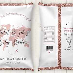 Rose Gold Map Potato Chip Bag Template, Travel Theme Party Favors, Editable Chip Bag Template, Travel Theme Baby Shower, TT1, GG1