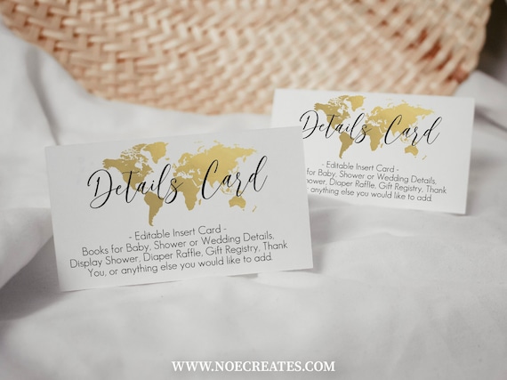 Gold World Map Details Card: Editable Insert Template (2x3.5 in)