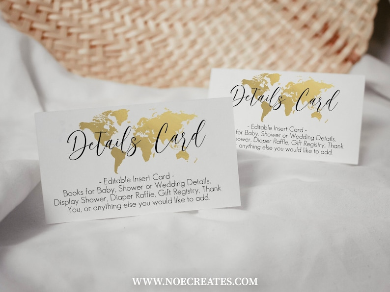 K&ouml;nnte beinhalten: Zwei wei&szlig;e Karten mit einem goldenen Weltkarten-Design und dem Text "Details Card". Der Text auf den Karten lautet "Editable Insert Card - Books for Baby, Shower or Wedding Details, Display Shower, Diaper Raffle, Gift Registry. Thank You, or anything else you would like to add." und "Editable Insert Card - for Baby, Shower or Wedding Details, Shower, Diaper Raffle, Gift Registry. Thank anything else you would like to add."