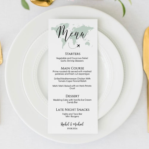 Menu Template customizable with any map color, Travel Theme Wedding Menu, DIY Wedding Menu, Travel Theme Bridal Shower Menu Template,  TT1