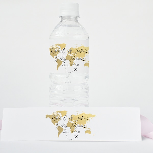 Travel Theme Water Bottle Labels Template, Gold Map Bottle Labels, Travel Theme Wedding, Travel Theme Shower, Editable Bottle Labels, TT1