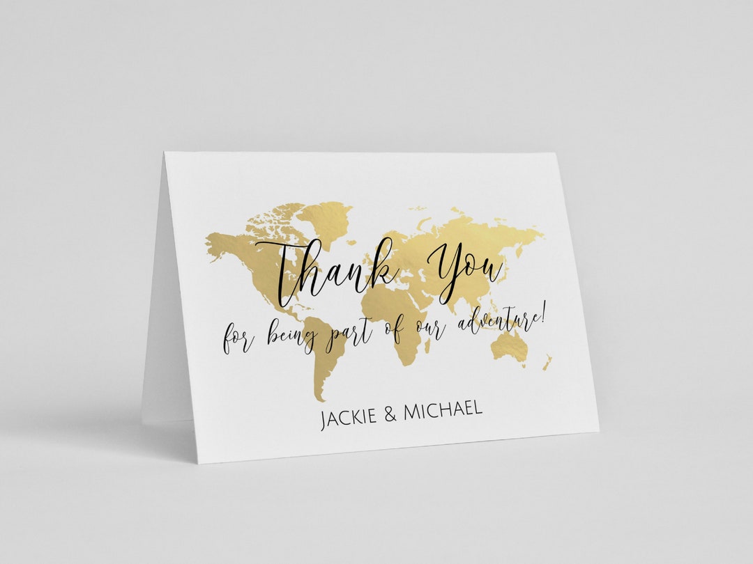 World Map Thank You Card, Foldable Travel Theme Thank You Card, Gold