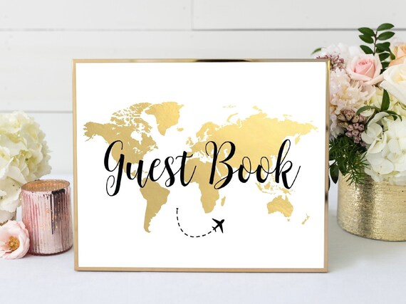 → View on Etsy: Gold World Map Guest Book Sign: Travel Theme Party Decor (PDF & JPEG) Gold World Map Guest Book Sign: Travel Theme Party Decor (PDF & JPEG)