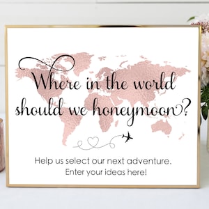 Rose Gold Map Engagement Party Game, Travel Them Engagement Party Ideas, Honeymoon Guessing Game, Printable Engagement Party Game, EP1, TT1