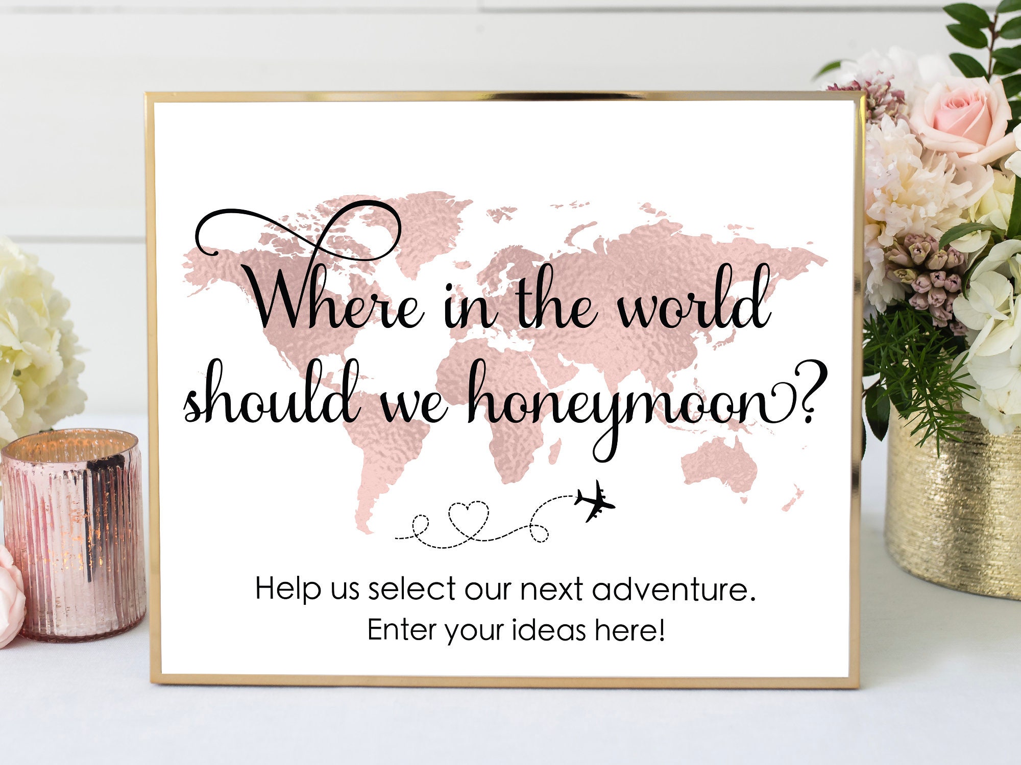 Rose Gold Map Engagement Party Game, Travel Them Engagement Party Ideas, Honeymoon Guessing Game, Printable Engagement Party Game, EP1, TT1