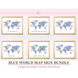 Bundle de panneaux de carte du monde bleu poussiéreux, signalisation de mariage sur le thème du voyage, panneaux de signalisation pour la douche nuptiale sur le thème du voyage, TT1, MB6