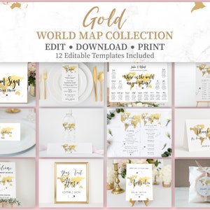 Bundle de signes de mariage carte, modèles de mariage carte du monde or, mariage sur le thème du voyage, l'aventure attend baby shower, lot nuptiale de douche, TT1