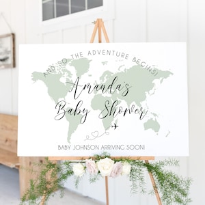 Panneau de bienvenue pour baby shower avec couleur de carte personnalisable, baby shower sur le thème du voyage, panneau de carte du monde, l'aventure vous attend, l'aventure vous attend, TT1, BB1