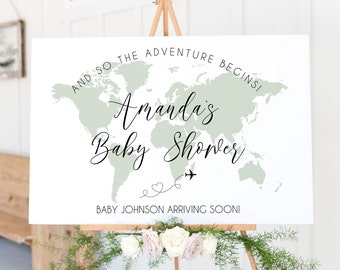 Baby Shower Welcome Sign with Customizable Map Color, Travel Theme Baby Shower, World Map Sign,  Adventure Awaits, Adventure Awaits, TT1