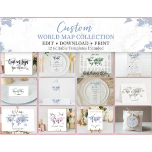 Pacchetto di modelli di matrimonio con mappa del mondo modificabile con il colore della mappa che preferisci, modelli di matrimonio a tema di viaggio, pacchetto di mappe per baby shower, TT1