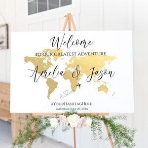 Benutzerdefinierte Reise-Thema Willkommen Schild Vorlage, Gold Weltkarte Willkommen Schild, Reise-Thema Hochzeit, Reise-Thema Brautdusche, bedruckbar, TT1