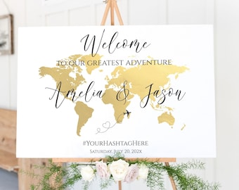 Custom Travel Theme Welcome Sign Template, Gold World Map Welcome Sign, Travel Theme Wedding, Travel Theme Bridal Shower, Printable, TT1