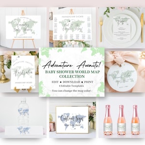 Babyparty Weltkarten-Vorlagen mit anpassbarer Kartenfarbe, Reise-Thema Babyparty-Zeichen, Babyparty-Bundle, Adventure Awaits, BB1