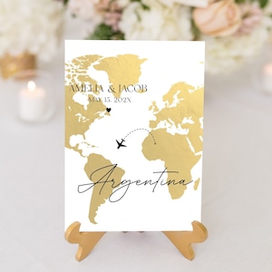 Tischnummern für Hochzeitsfeiern, Tischnummern für Hochzeiten, goldene Weltkarten-Tischnamen, Hochzeitsdekoration zum Thema Reise, TT1