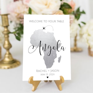 Números de mesa de bodas africanas plateadas, nombres de tablas de mapas de África, plantilla de nombres de mesa editables, boda temática de viajes de África, AT1, TT1