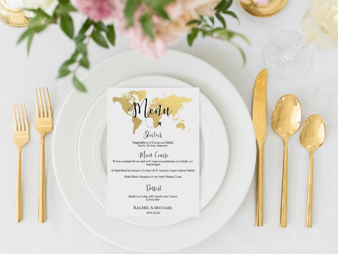 World Map Menu Template, Travel Theme Wedding Menu Template, Editable