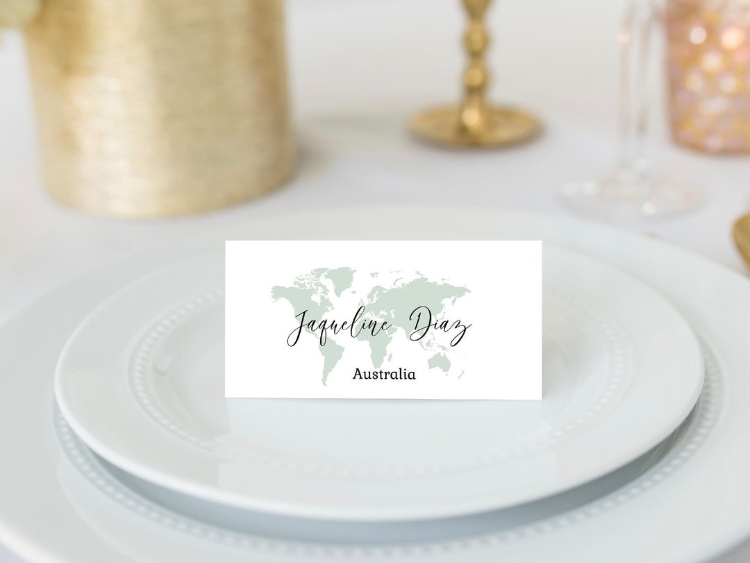 Custom World Map Foldable Place Cards, Travel Theme Name Cards