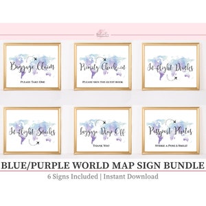 May include: Six printable signs with a blue and purple watercolor world map design. The signs include the text: "Baggage Claim", "Priority Check-in", "In-flight Drinks", "In-flight Snacks", "Luggage Drop Off", and "Passport Photos".
